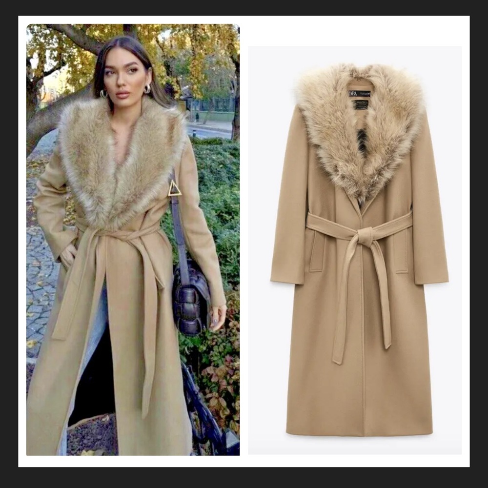 NEW Zara manteco long wool blend coat faux fur belted camel
